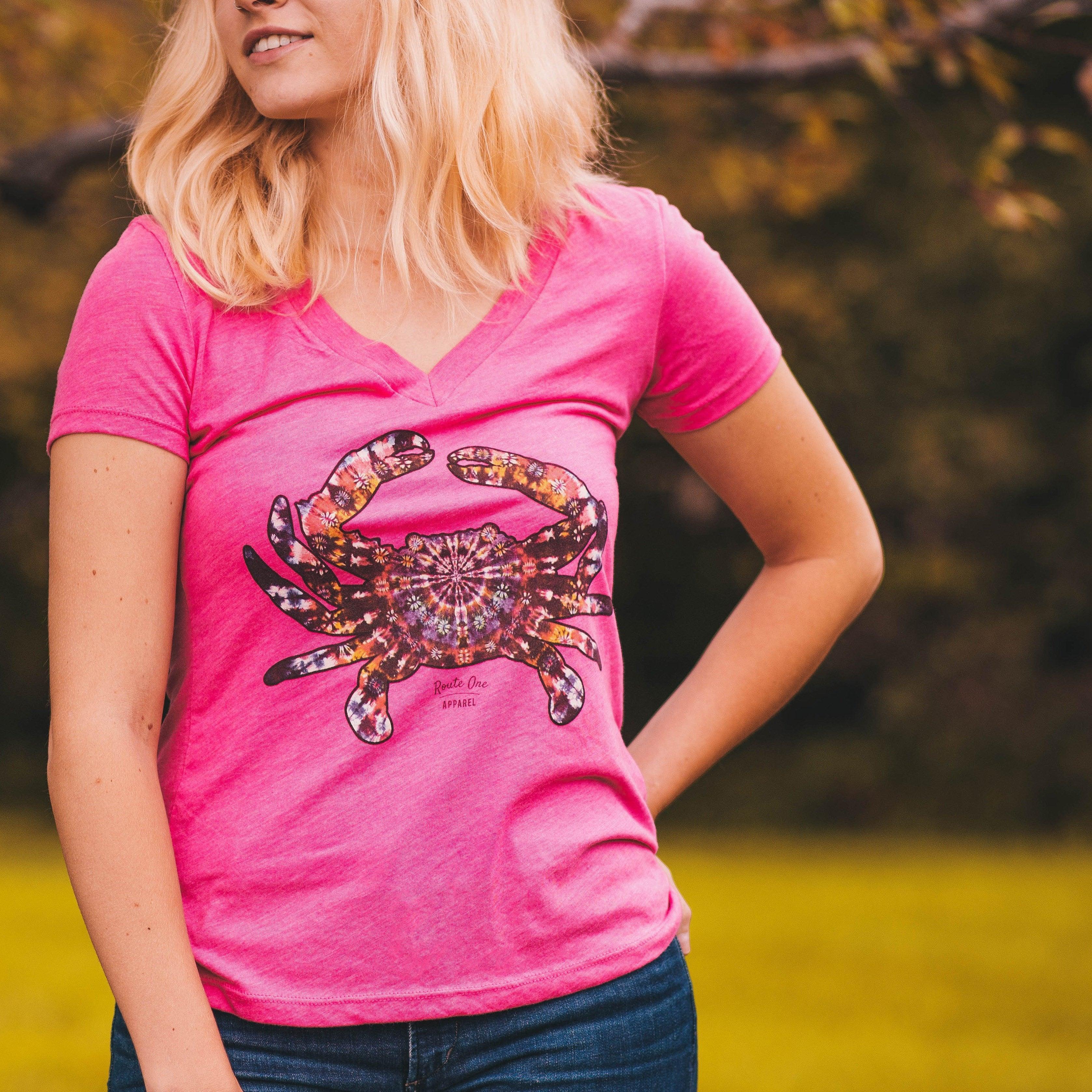 Classic Tie Dye Crab (Pink) / Ladies V-Neck Shirt - Route One Apparel