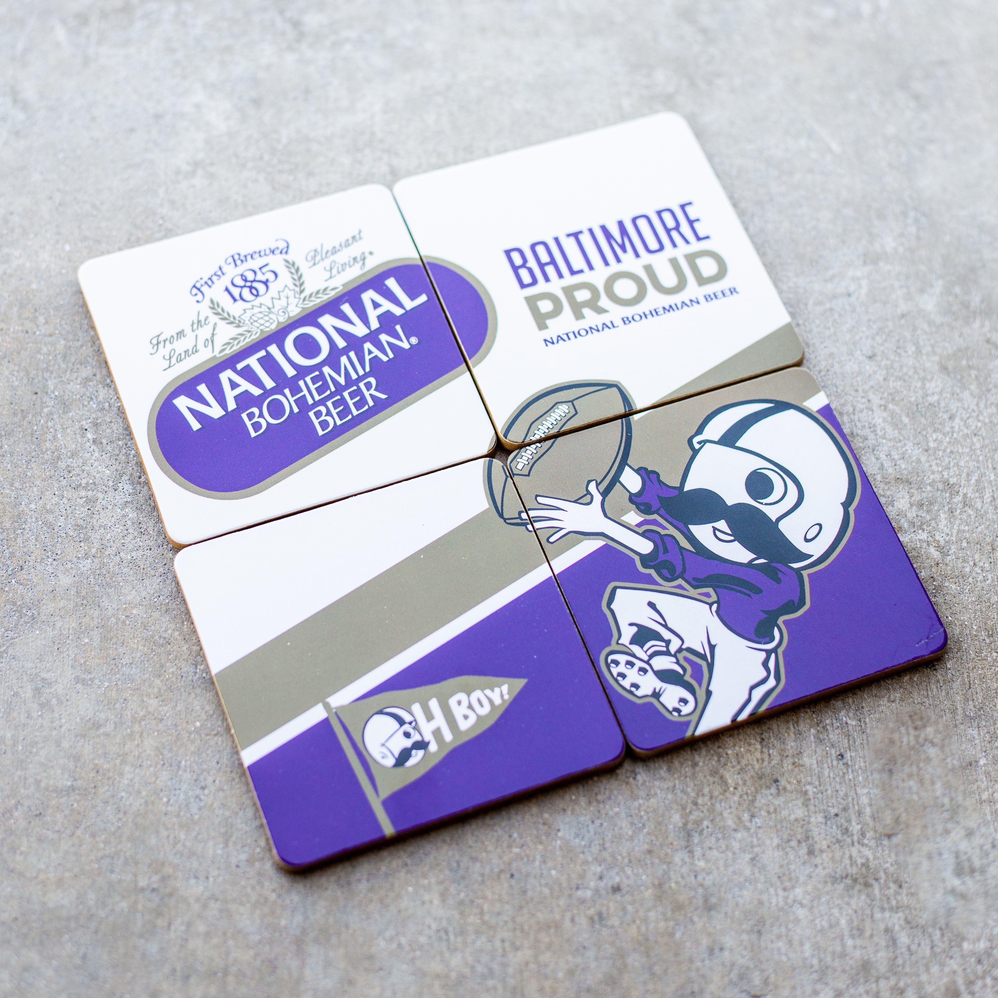 Bohtimore Football - National Bohemian (Purple) / 4-Piece Cork Coaster Set - Route One Apparel