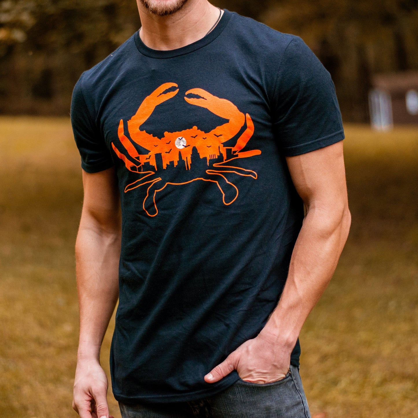 Spooky Baltimore Skyline Crab (Black) / Shirt - Route One Apparel