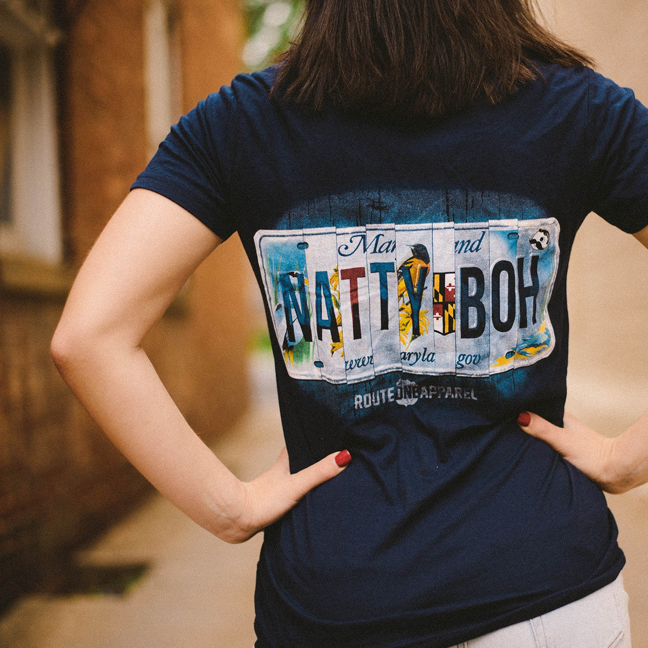 Natty Boh License Plate (Navy) / Ladies V-Neck Shirt - Route One Apparel
