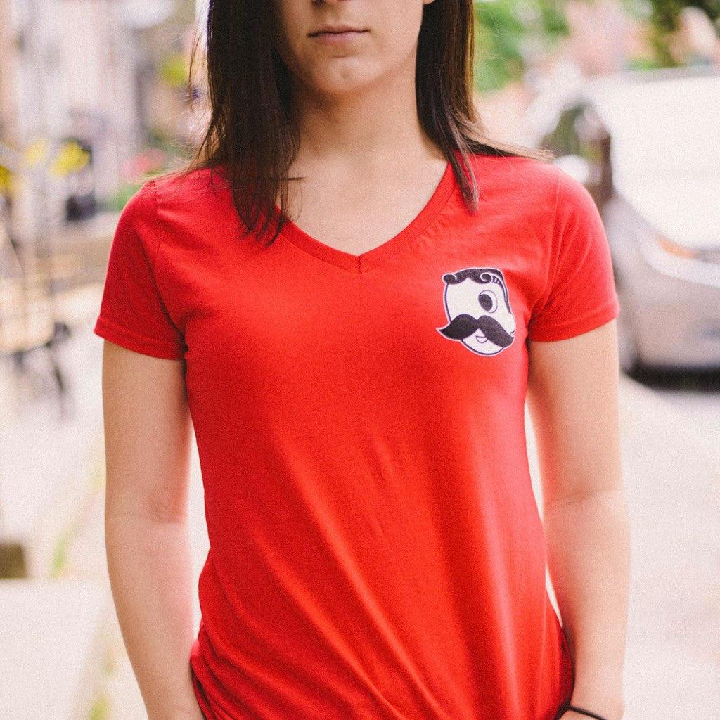 National Bohemian Logo w/ Calvert Stripes (Red) / Ladies V-Neck Shirt - Route One Apparel
