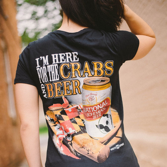 I'm Here for the Crabs & Beer (Black) / Ladies V-Neck Shirt - Route One Apparel