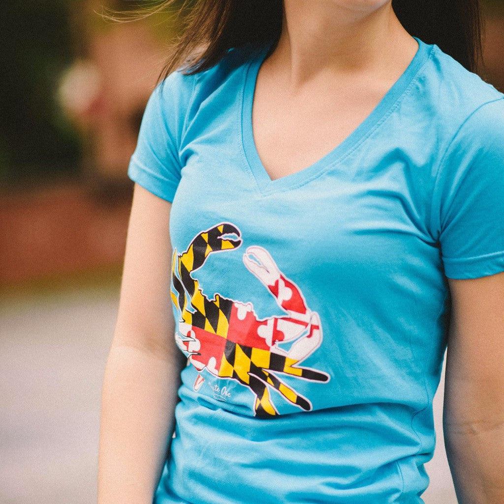 Maryland Full Flag Crab (Caribbean Blue) / Ladies V-Neck Shirt - Route One Apparel