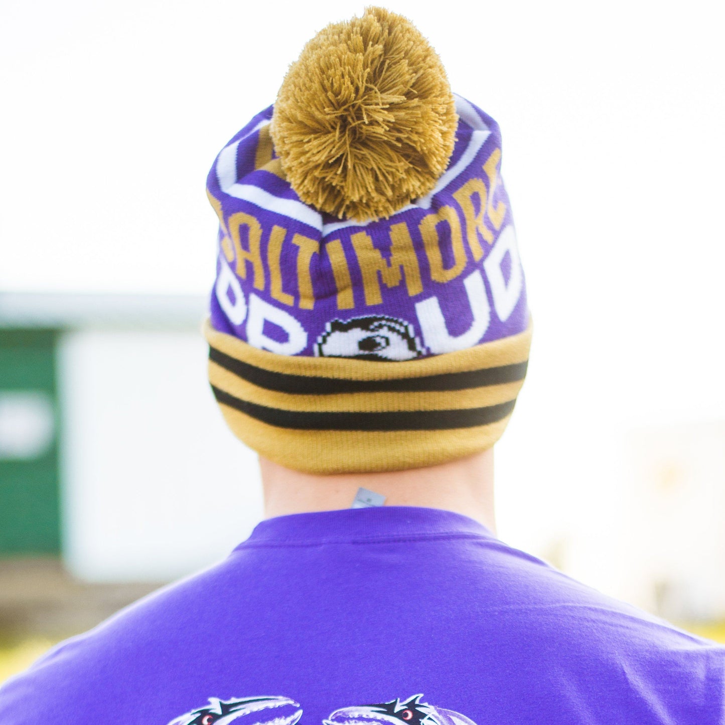 Baltimore Proud Boh Text (Purple w/ Gold Pom) / Knit Beanie Cap - Route One Apparel
