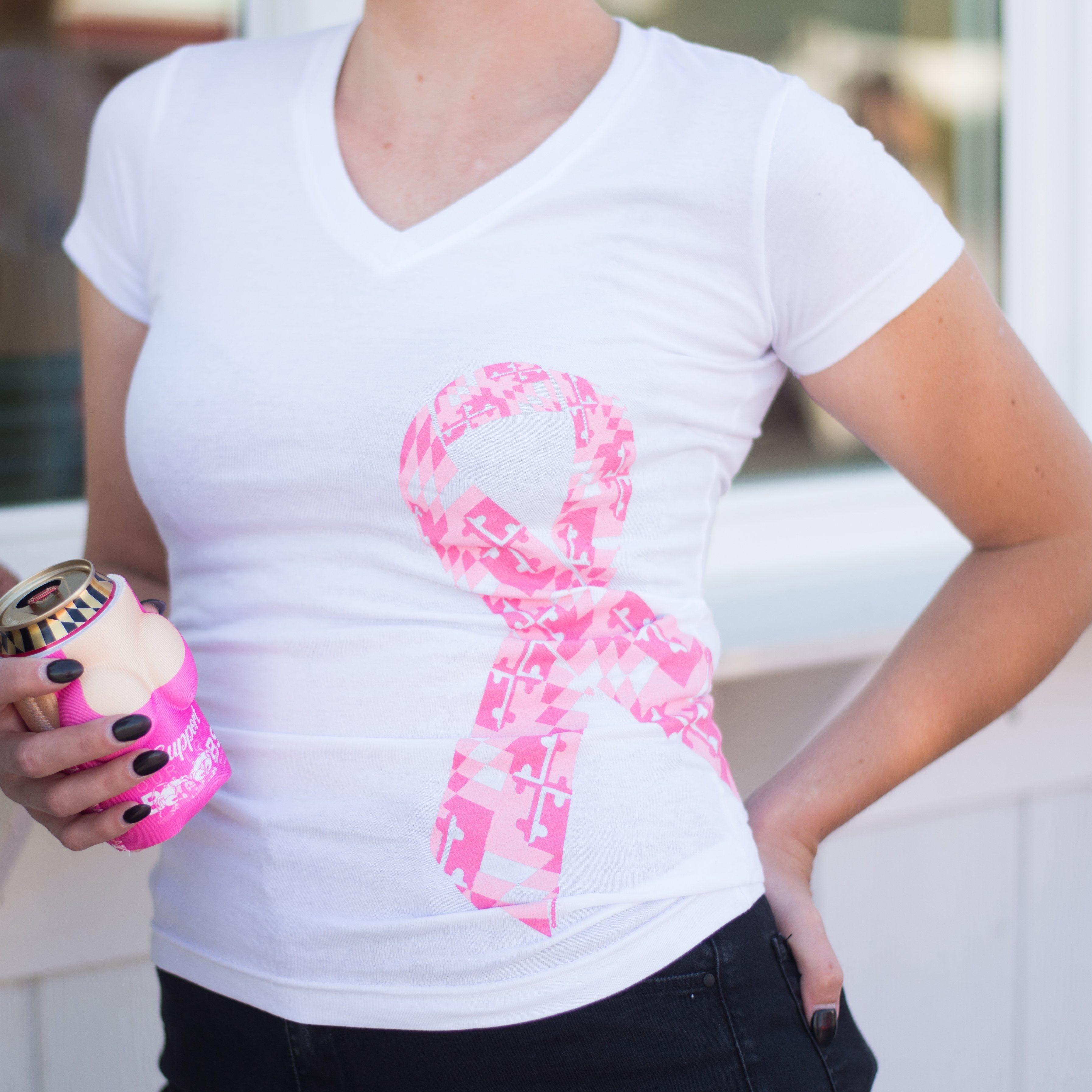 Maryland Breast Cancer Ribbon Awareness (White) / Ladies V-Neck Shirt - Route One Apparel