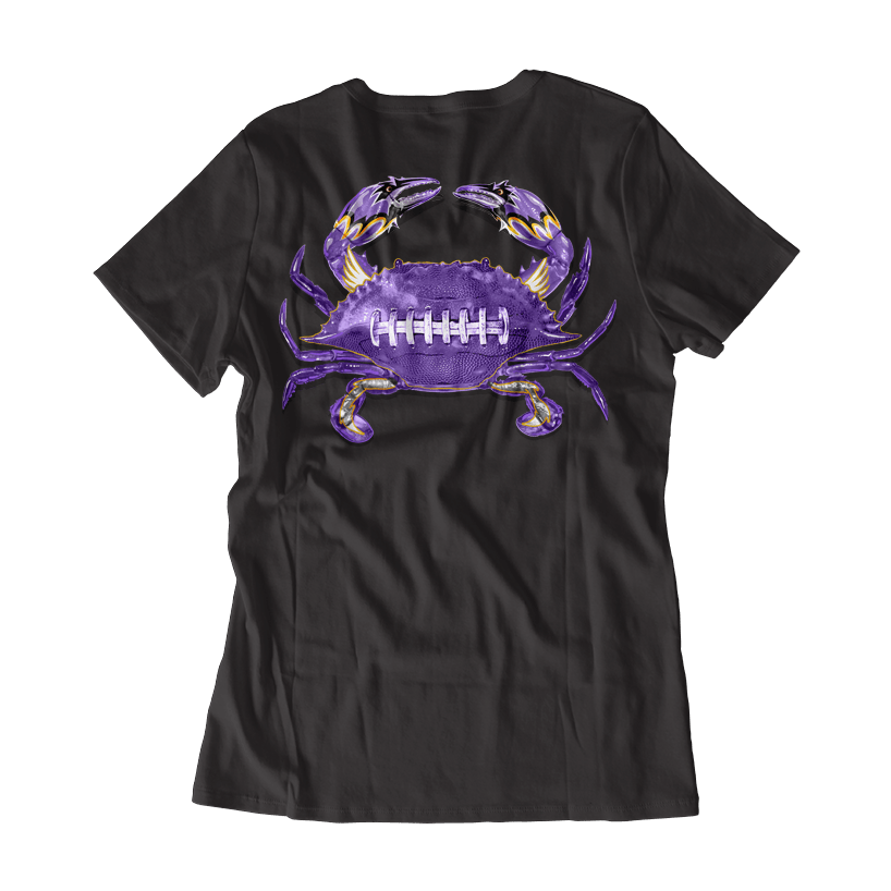 Baltimore Football Home Team Crab *Back Print* (Black) / Ladies V-Neck Shirt - Route One Apparel