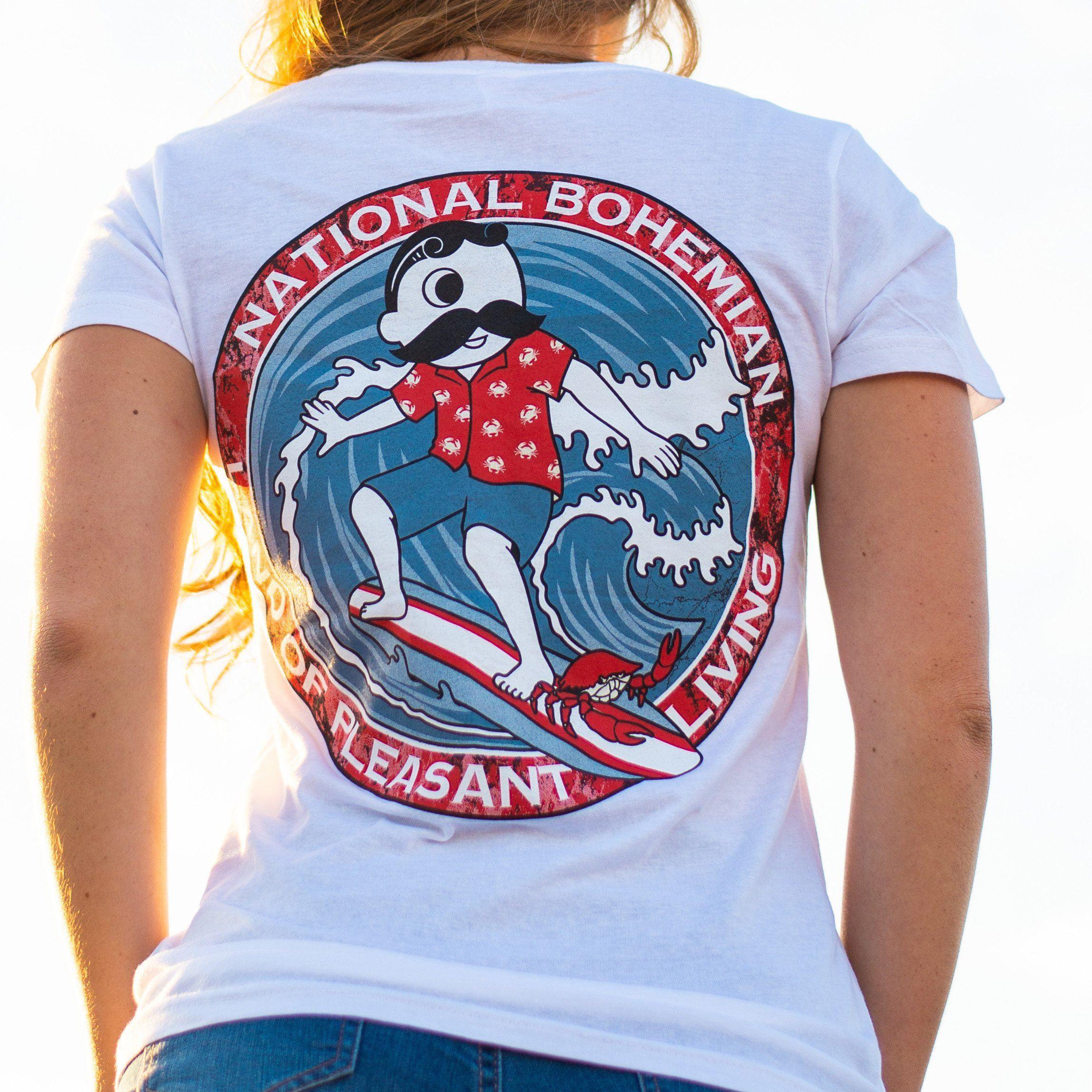 Retro Boh Wave Surfing (White) / Ladies V-Neck Shirt - Route One Apparel