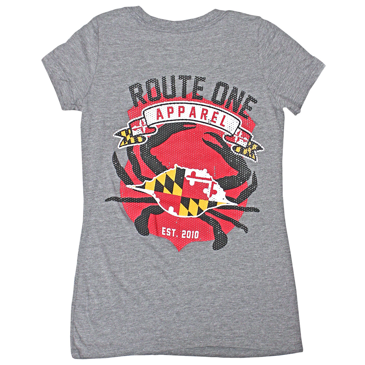 Route One Apparel Classic Flag & Crab (Heather Grey) / Ladies Deep V-Neck Shirt - Route One Apparel