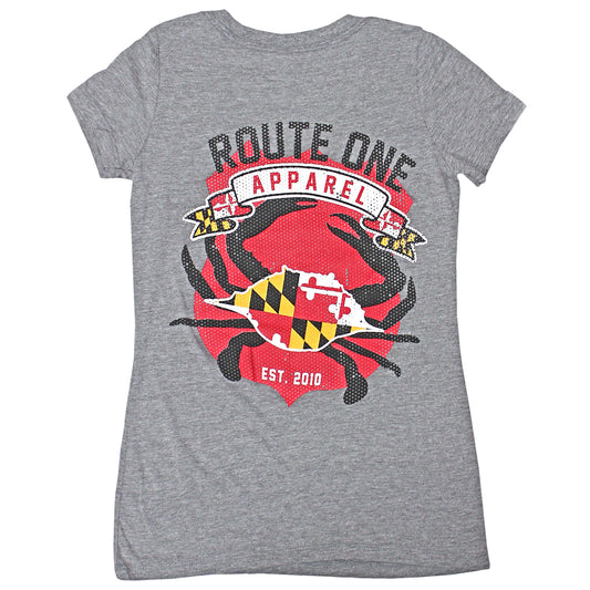 Route One Apparel Classic Flag & Crab (Heather Grey) / Ladies Deep V-Neck Shirt - Route One Apparel