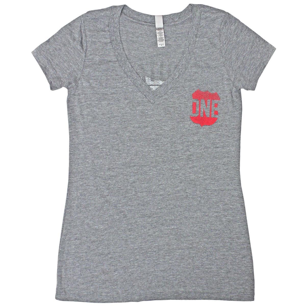 Route One Apparel Classic Flag & Crab (Heather Grey) / Ladies Deep V-Neck Shirt - Route One Apparel