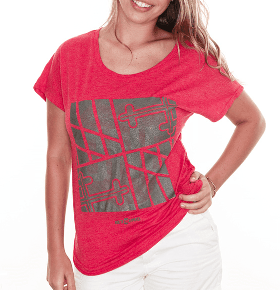 Sideways Maryland Flag Square (Chrome on Red) / Ladies Dolman Shirt - Route One Apparel