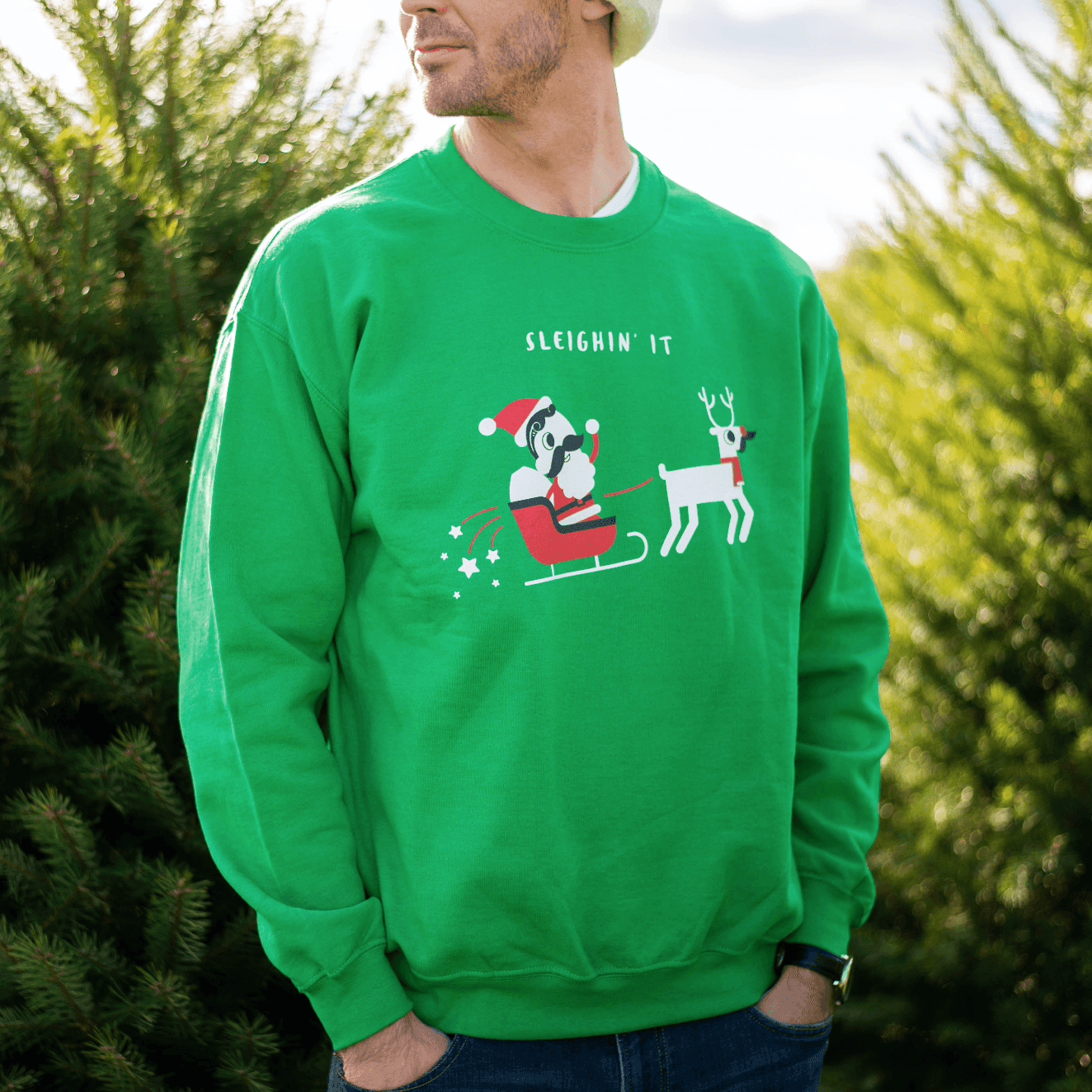 Sleighin' It (Lucky Green) / Crew Sweatshirt - Route One Apparel