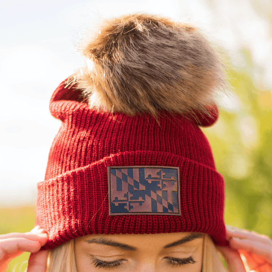 Maryland Flag Leather Patch (Burgundy w/ Fur Pom) / Slouchy Knit Beanie Cap - Route One Apparel