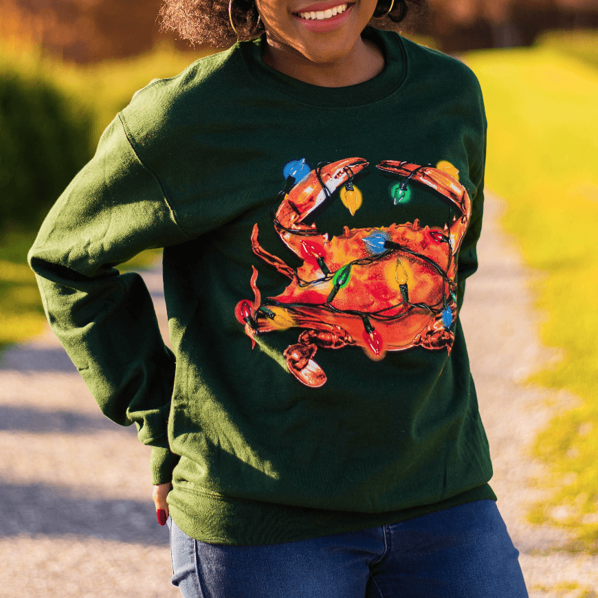 Christmas Lights Crab (Green) / Crew Sweatshirt - Route One Apparel