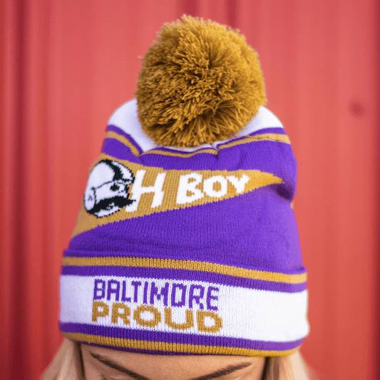 Baltimore Proud "Oh Boy" Boh Pennant (Purple w/ Gold Pom) / Knit Beanie Cap - Route One Apparel