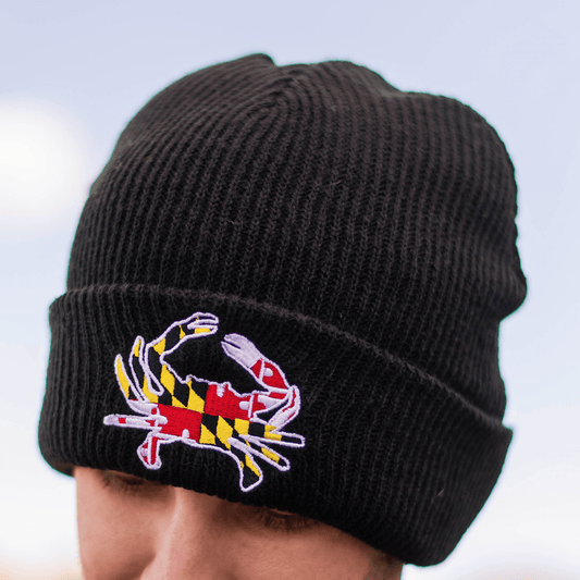 Embroidered Maryland Full Flag Crab (Black) / Slouchy Knit Beanie Cap - Route One Apparel