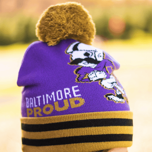 Baltimore Proud Natty Boh Running Back (Purple w/ Gold Pom) / Knit Beanie Cap - Route One Apparel
