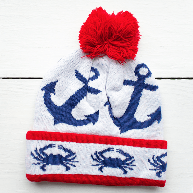 Stripe Crab and Anchor Design (White with Red Pom) / Knit Beanie Cap - Route One Apparel