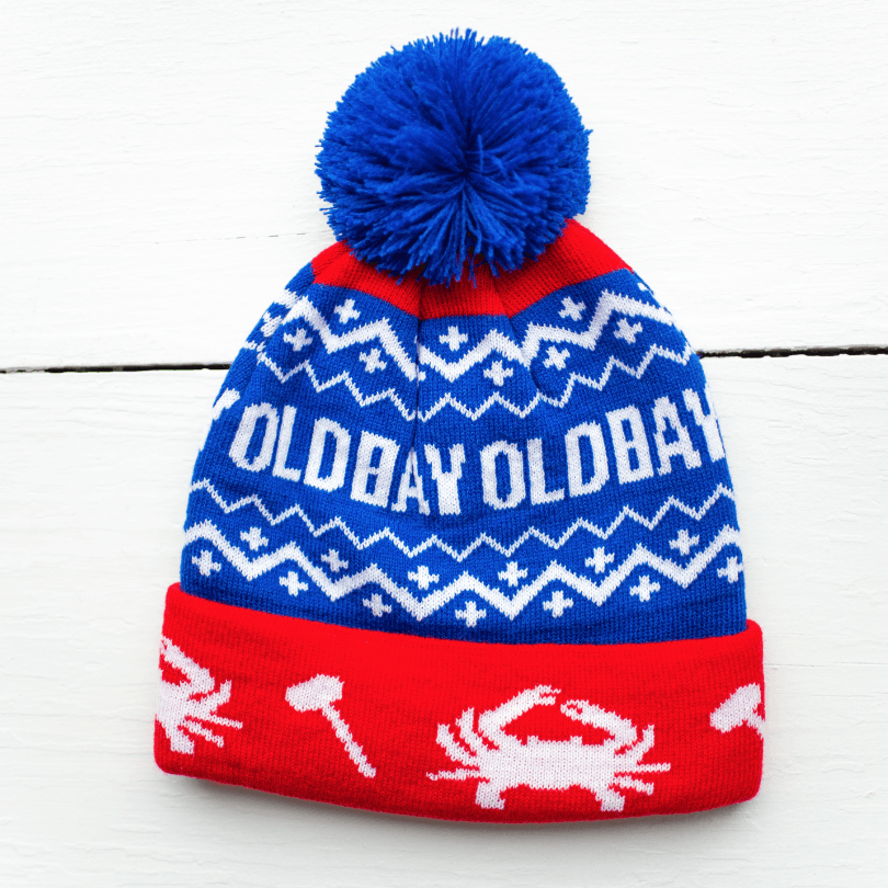 Old Bay, Crab & Mallet (Red w/ Blue Pom) / Knit Beanie Cap - Route One Apparel