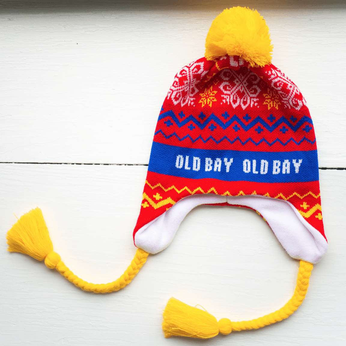 Blue Old Bay Stripe, Chevron & Snowflakes (Red w/ Yellow Pom) / Ski Hat - Route One Apparel