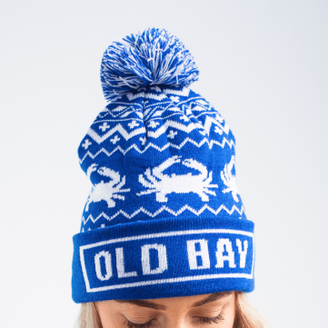 Old Bay Brim & Chevron Crab (Blue with Multi-Pom) / Knit Beanie Cap - Route One Apparel