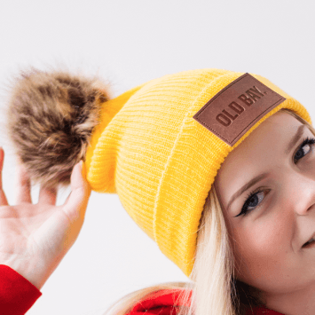 Old Bay Leather Patch (Yellow w/ Fur Pom) / Slouchy Knit Beanie Cap - Route One Apparel