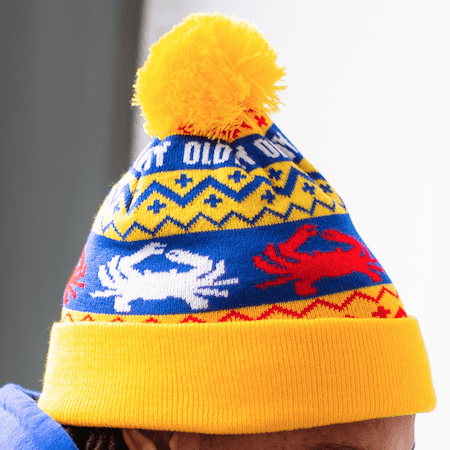Old Bay, Red & White Crabs (Yellow w/ Yellow Pom) / Knit Beanie Cap - Route One Apparel