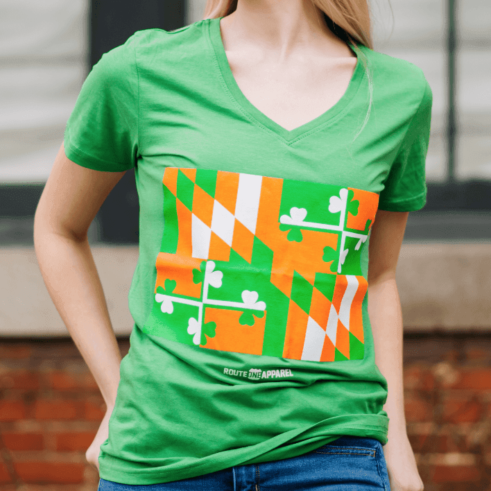 Irish Maryland Flag (Green) / Ladies Deep V-Neck Shirt - Route One Apparel