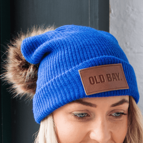 Old Bay Leather Patch (Royal Blue w/ Fur Pom) / Slouchy Knit Beanie Cap - Route One Apparel