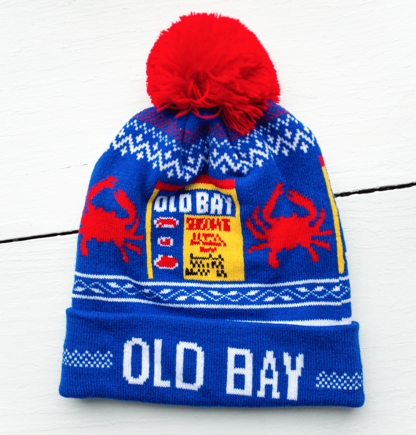 Old Bay Can & Red Crab (Blue w/ Red Pom) / Knit Beanie Cap - Route One Apparel