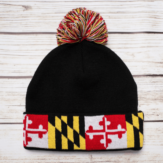 Maryland Flag (Black) / Knit Beanie Cap w/ Pom-Pom - Route One Apparel