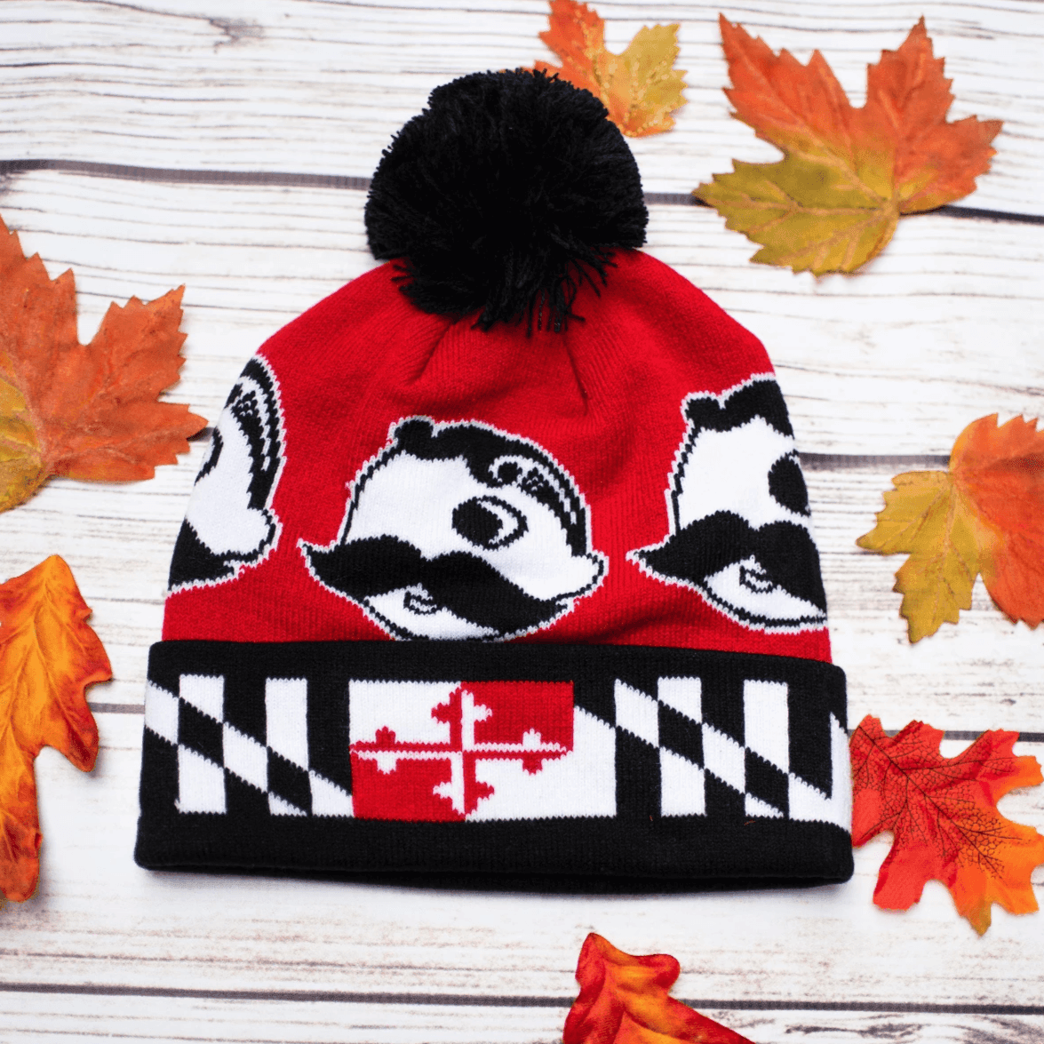 Boh Logo w/ Maryland Flag Brim (Red w/ Black Pom) / Knit Beanie Cap - Route One Apparel