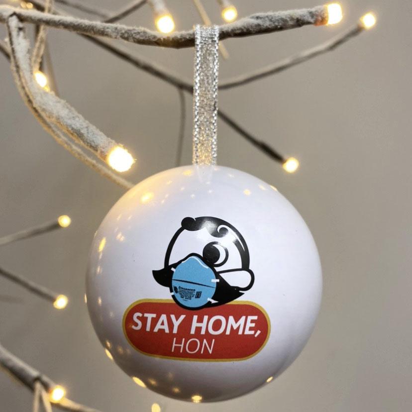 Stay Home Hon (White) / Tin Ball Ornament - Route One Apparel
