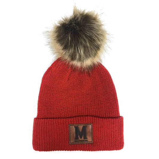 UMD "M" Logo Leather Patch (Red w/ Fur Pom) / Slouchy Knit Beanie Cap - Route One Apparel