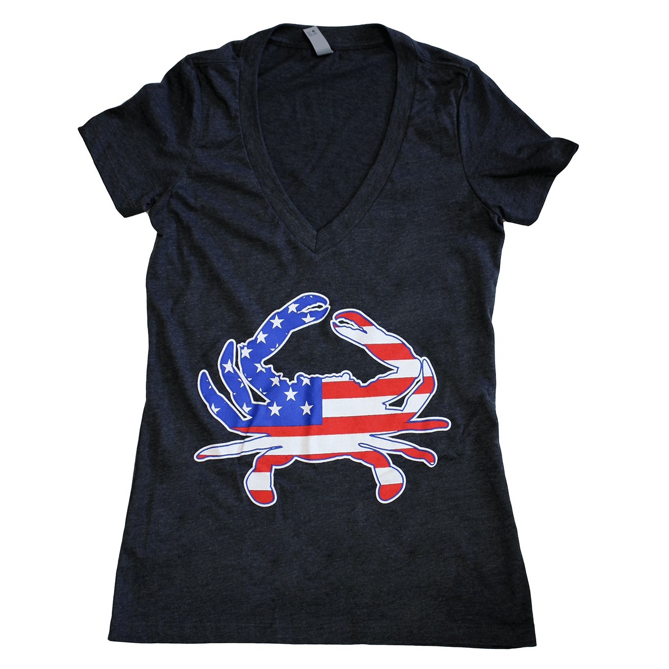 American Flag Crab (Charcoal Grey) / Ladies Deep V-Neck Shirt - Route One Apparel