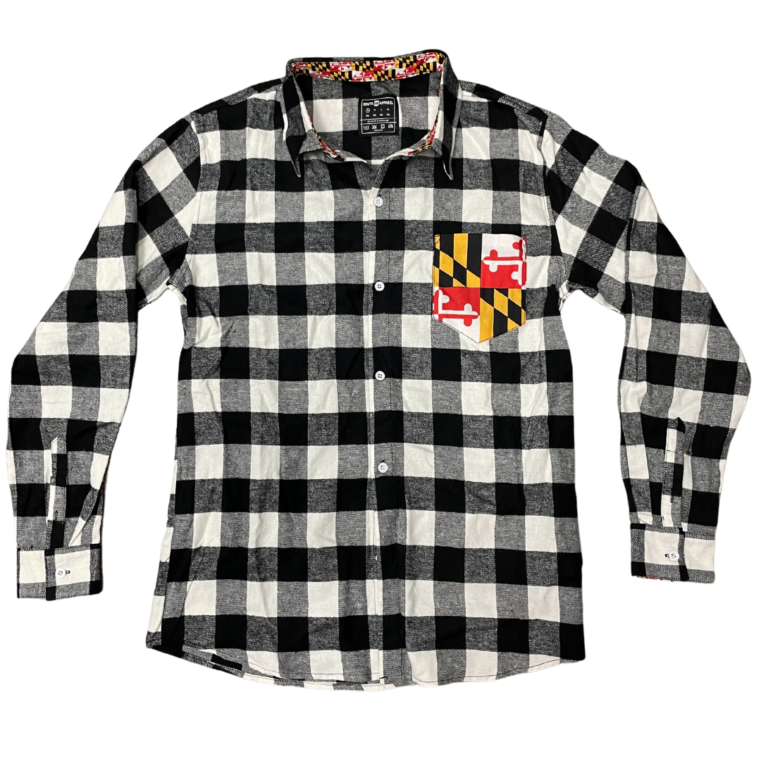 White & Black Flannel w/ Maryland Flag Colored Pocket / Flannel Long Sleeve Shirt - Route One Apparel