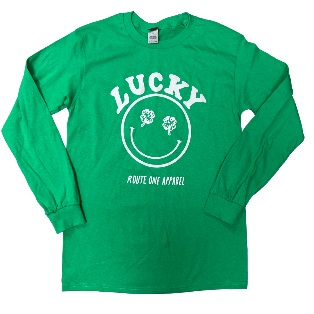 Lucky Smiley Face (Irish Green) / Long Sleeve Shirt - Route One Apparel