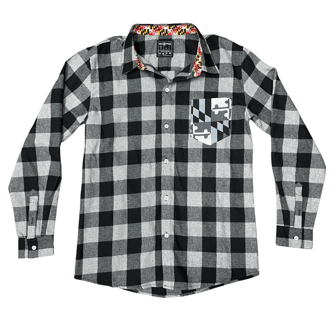 Grey & Black Flannel w/ Greyscale Maryland Flag Pocket / Flannel Long Sleeve Shirt - Route One Apparel