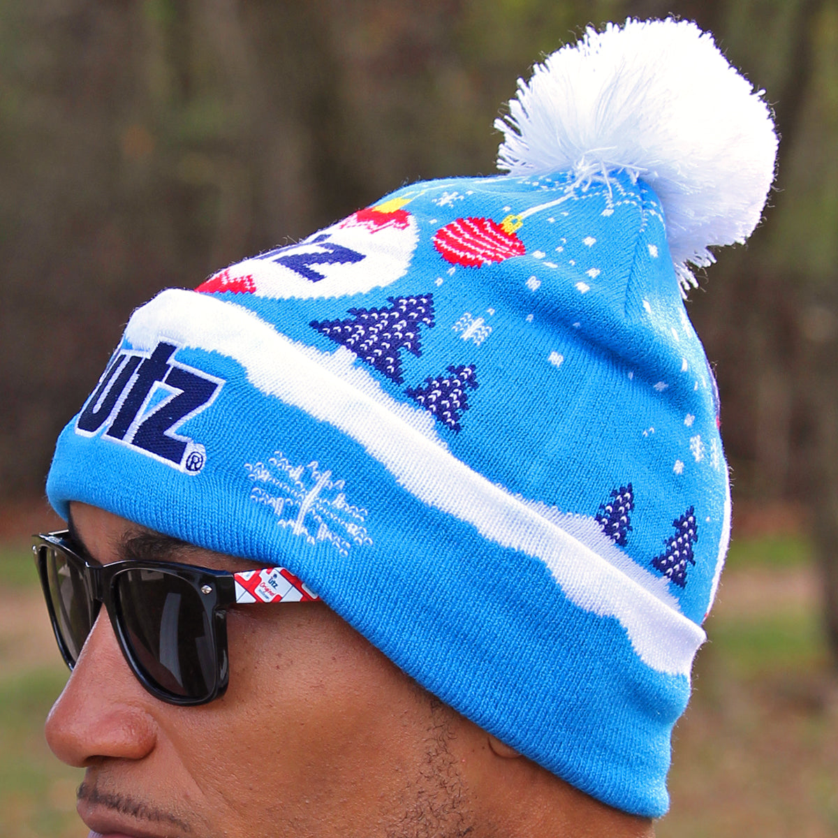 Utz Snowflakes and Ornaments (Blue) / Knit Beanie Cap w/ Pom-Pom - Route One Apparel
