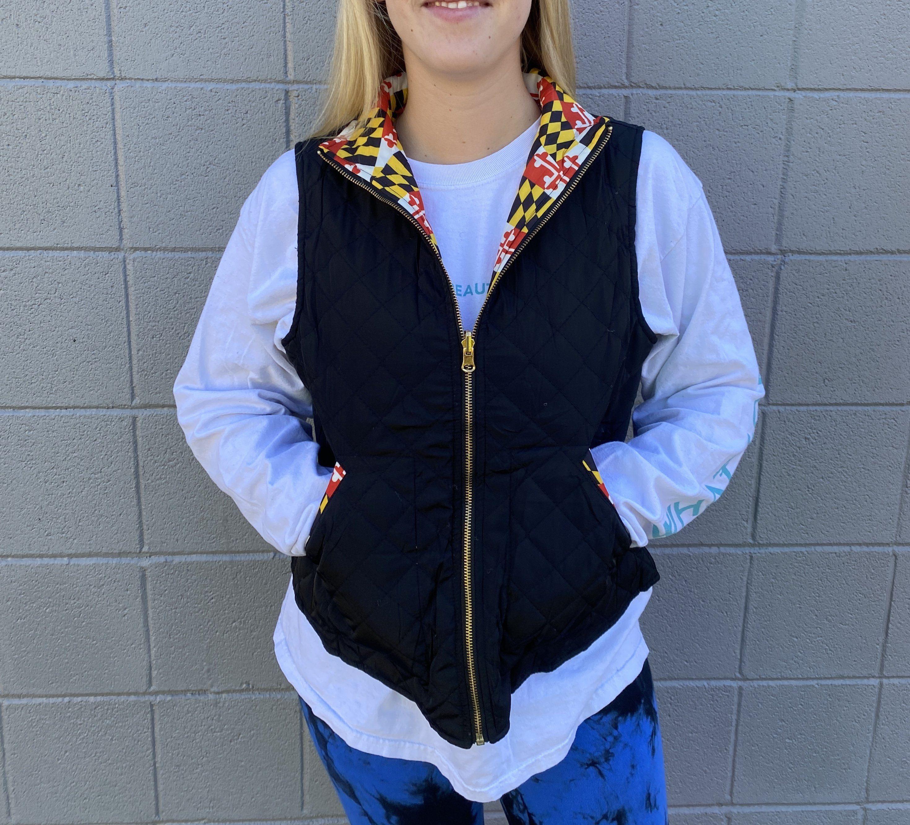 Quilted Maryland Flag (Black) / Ladies Junior Reversible Vest - Route One Apparel