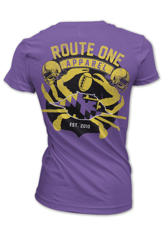 Route One Apparel Purple & Gold Flag & Crab (Purple) / Ladies Shirt - Route One Apparel