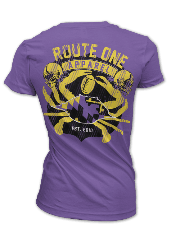 Route One Apparel Purple & Gold Flag & Crab (Purple) / Ladies Shirt - Route One Apparel