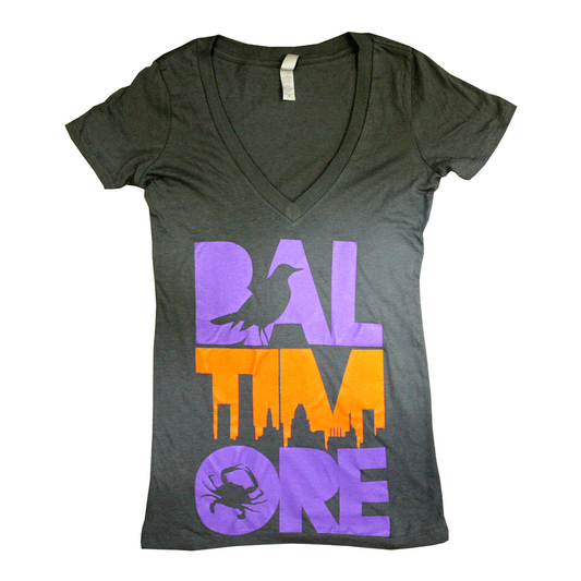 Baltimore Icon Orange & Purple (Grey) / Ladies V-Neck Shirt - Route One Apparel