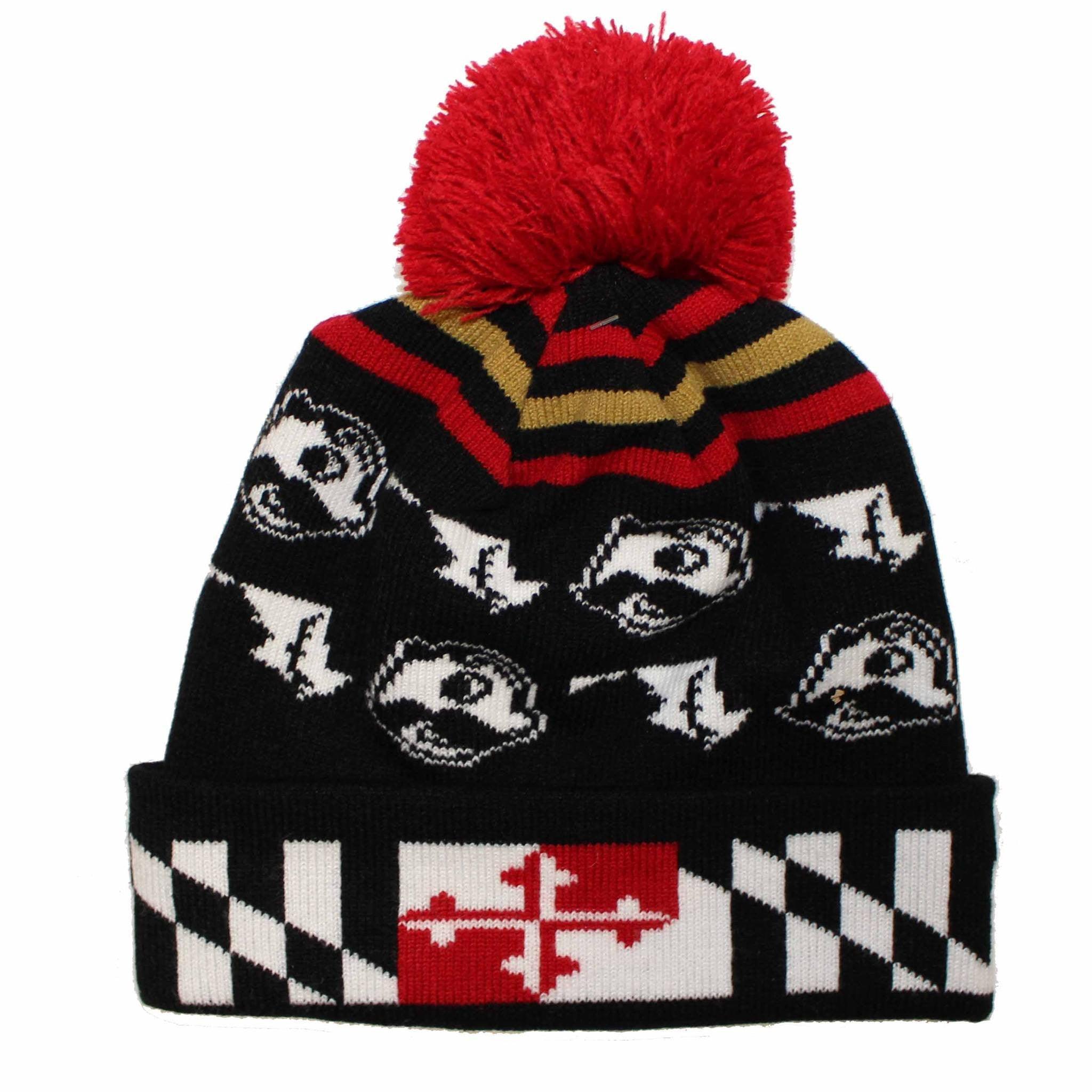 Alternating Boh & State of Maryland w/ Flag Brim (Black w/ Red Pom) / Knit Beanie Cap - Route One Apparel