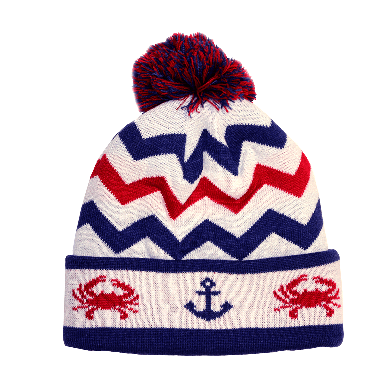 Chevron Crab and Anchor Design (White with Multi Pom) / Knit Beanie Cap - Route One Apparel