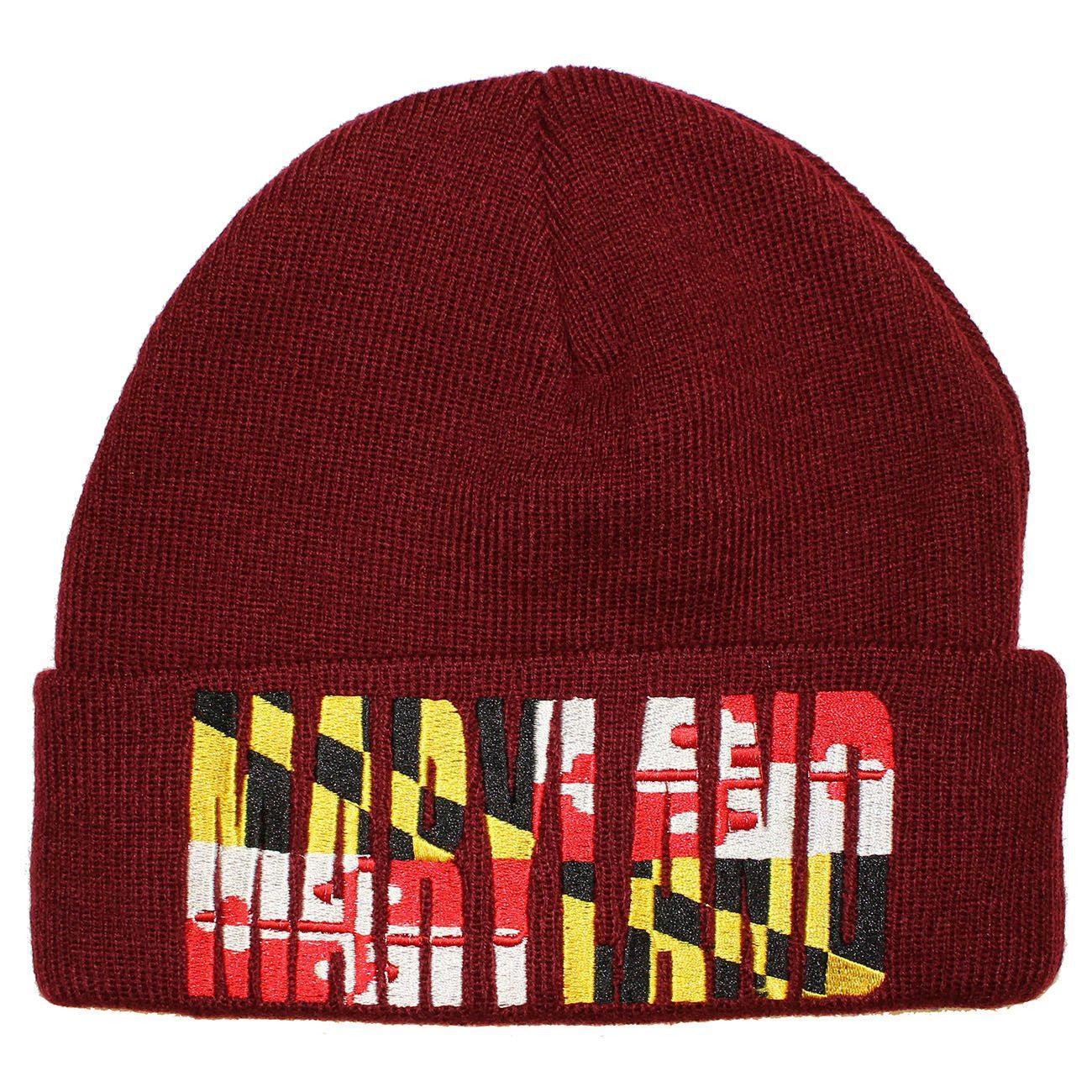 Maryland Flag Embroidered (Burgundy Red) / Knit Beanie Cap - Route One Apparel