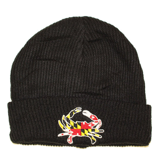 Embroidered Maryland Full Flag Crab (Black) / Slouchy Knit Beanie Cap - Route One Apparel