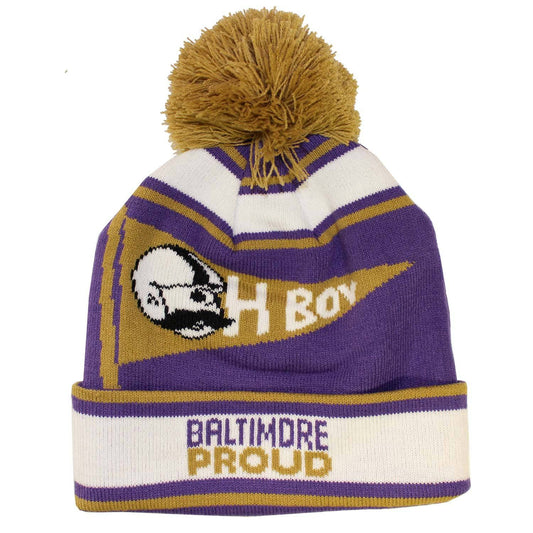 Baltimore Proud "Oh Boy" Boh Pennant (Purple w/ Gold Pom) / Knit Beanie Cap - Route One Apparel