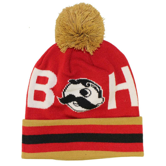 Boh Logo Text (Red w/ Gold Pom) / Knit Beanie Cap - Route One Apparel