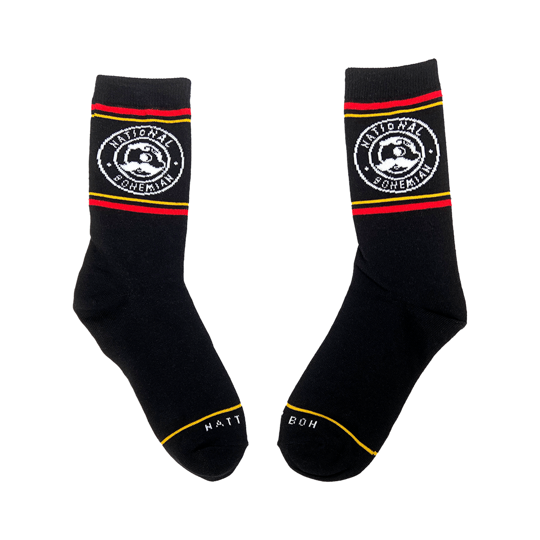 National Bohemian Inverted Circle with Red & Gold Stripes (Black) / Crew Socks - Route One Apparel